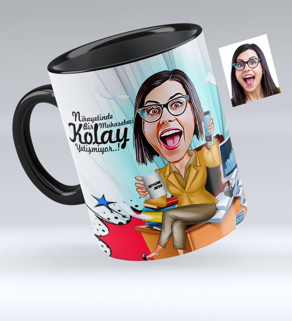 Kişiye Özel Bayan Muhasebeci Karikatürlü Siyah Kupa Bardak - 1