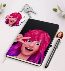 Kişiye Özel Kadın Animasyon Karikatürlü Siyah Defter Kalem Ve Anahtarlık Hediye Seti-10