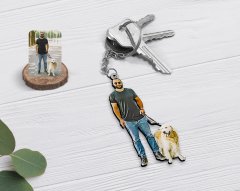Kişiye Özel Tam Boy Erkek ve Köpek Karikatürlü Ahşap Anahtarlık-1