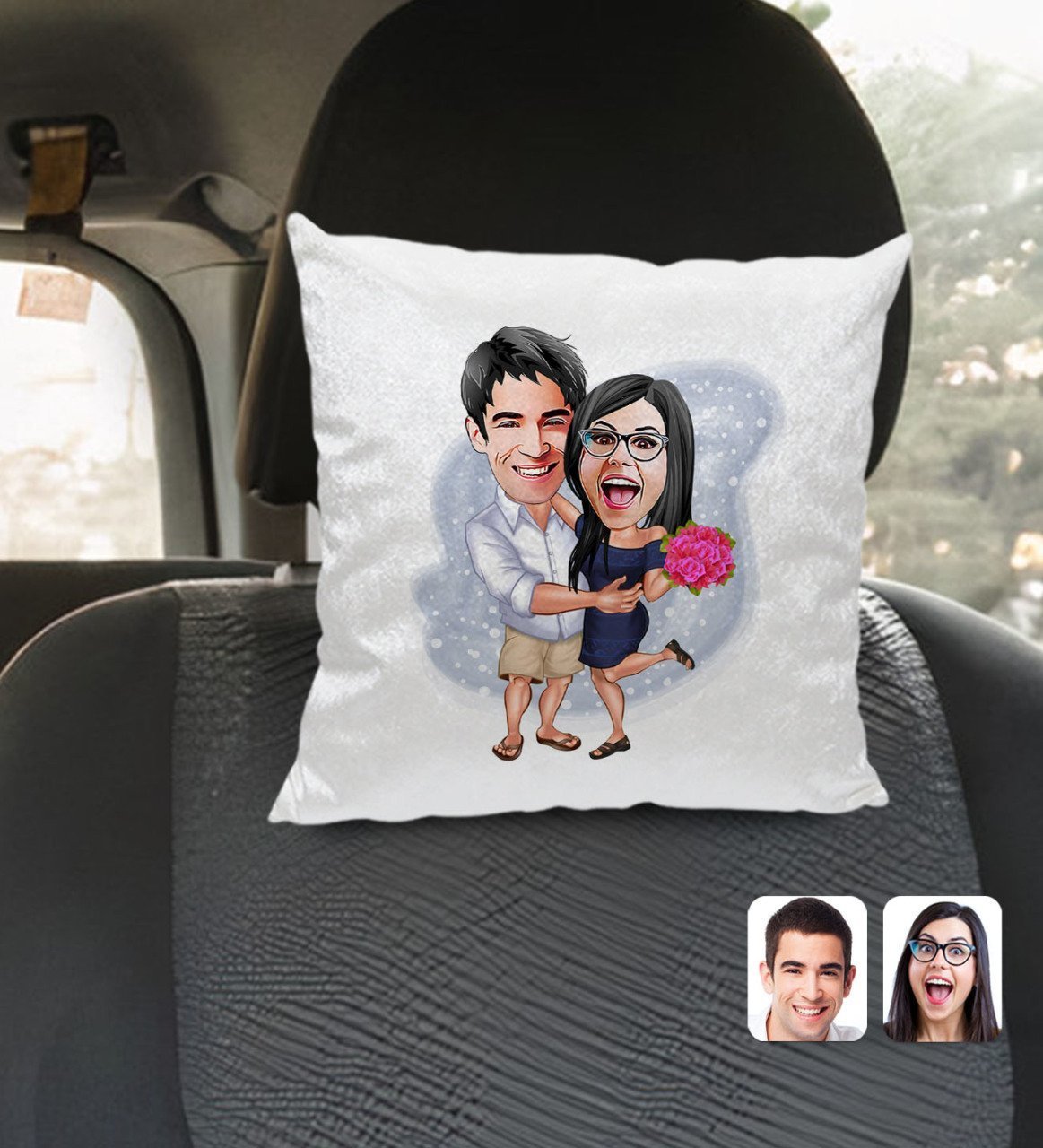 Kişiye Özel Sevgililer Karikatürlü Kare Araç Koltuk Yastığı-108