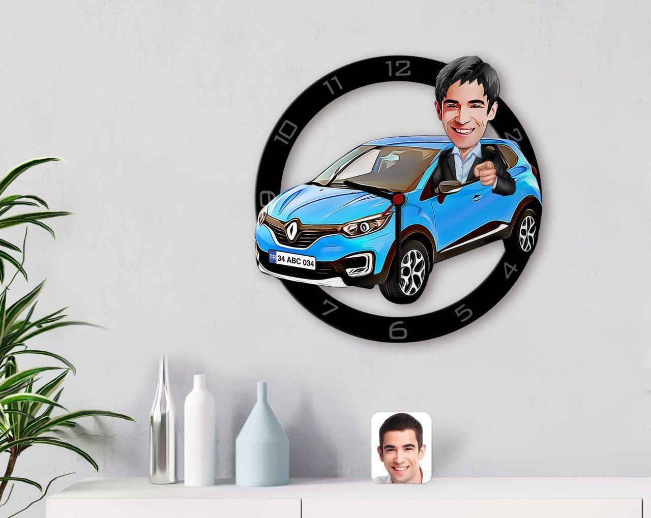 Kişiye Özel Plakalı Erkek Renault Captur Karikatürlü Ahşap Duvar Saati-1