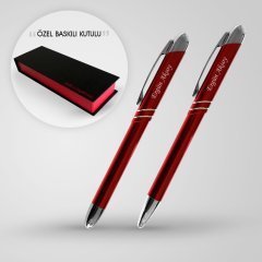 Kişiye Özel İkili Metal Hediyelik Tükenmez Kalem Seti (Kırmızı)