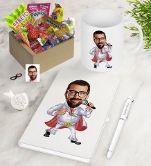 Kişiye Özel Elvis Presley Karikatürlü Nostaljik Lezzetler Defter Kalem Kupa Hediye Seti