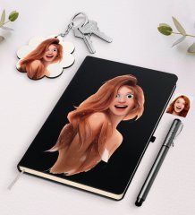 Kişiye Özel Kadın Animasyon Karikatürlü Siyah Defter Kalem Ve Anahtarlık Hediye Seti-9