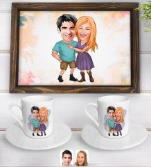 Kişiye Özel Sevgililer Karikatürlü Doğal Ahşap Tepsi ve 2’li Kahve Fincan Seti-80