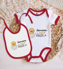 BK Kids Annesinin Minik Kuşu Tasarımlı Kırmızı Bebek Body Zıbın ve Mama Önlüğü Hediye Seti-1