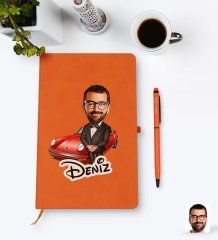Kişiye Özel Erkek Patron Karikatürlü Turuncu Termo Deri Defter Kalem Seti Model 1