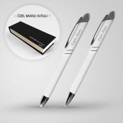Kişiye Özel İkili Metal Hediyelik Tükenmez Kalem Seti (Beyaz)