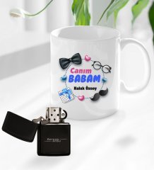 Kişiye Özel Babalar Günü Hediyesi Canım Babam Tasarımlı Kupa Bardak ve Benzinli Çakmak Seti-1