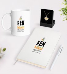 Kişiye Özel Fen Bilgisi Öğretmeni Beyaz Kupa Defter Kalem ve İsimli Papatya Kolye Hediye Seti