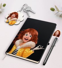 Kişiye Özel Kadın Animasyon Karikatürlü Siyah Defter Kalem Ve Anahtarlık Hediye Seti-7