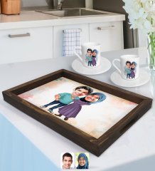 Kişiye Özel Sevgililer Karikatürlü Doğal Ahşap Tepsi ve 2’li Kahve Fincan Seti-61