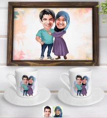 Kişiye Özel Sevgililer Karikatürlü Doğal Ahşap Tepsi ve 2’li Kahve Fincan Seti-61