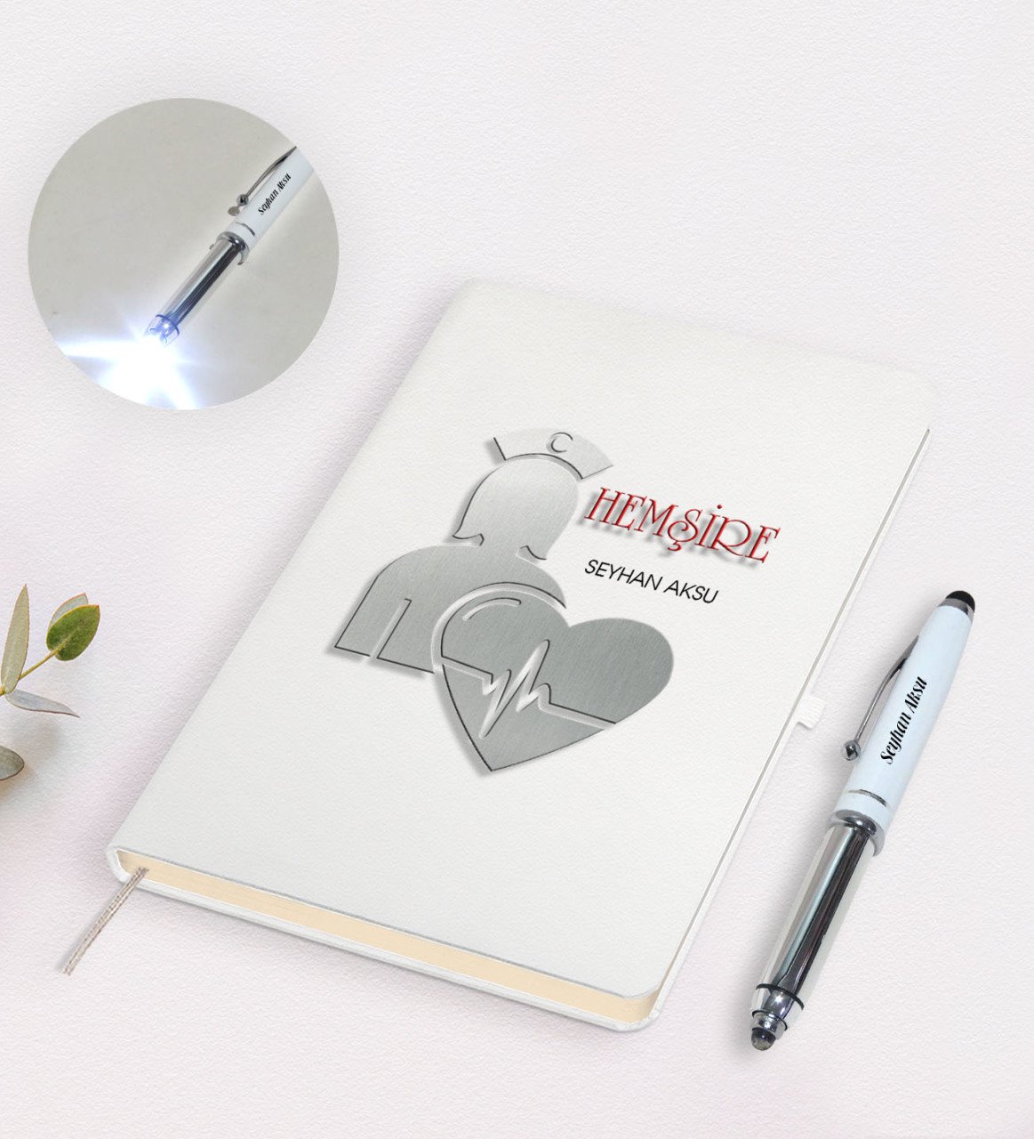 Kişiye Özel Hemşire Tasarımlı Defter ve Dokunmatik Işıklı Kalem Seti-4