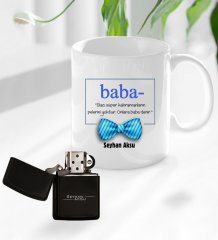 Kişiye Özel Babalar Günü Hediyesi Baba Tasarımlı Kupa Bardak ve Benzinli Çakmak Seti-1