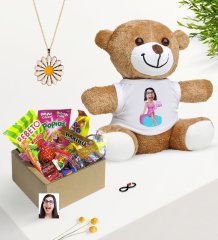 Kişiye Özel Bayan Doğum Günü Karikatürlü Nostaljik Lezzetler Peluş Ayıcık Papatya Kolye Hediye Seti-2