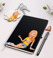 Kişiye Özel Bayan Karikatürlü Siyah Defter Kalem Ve Anahtarlık Hediye Seti-42