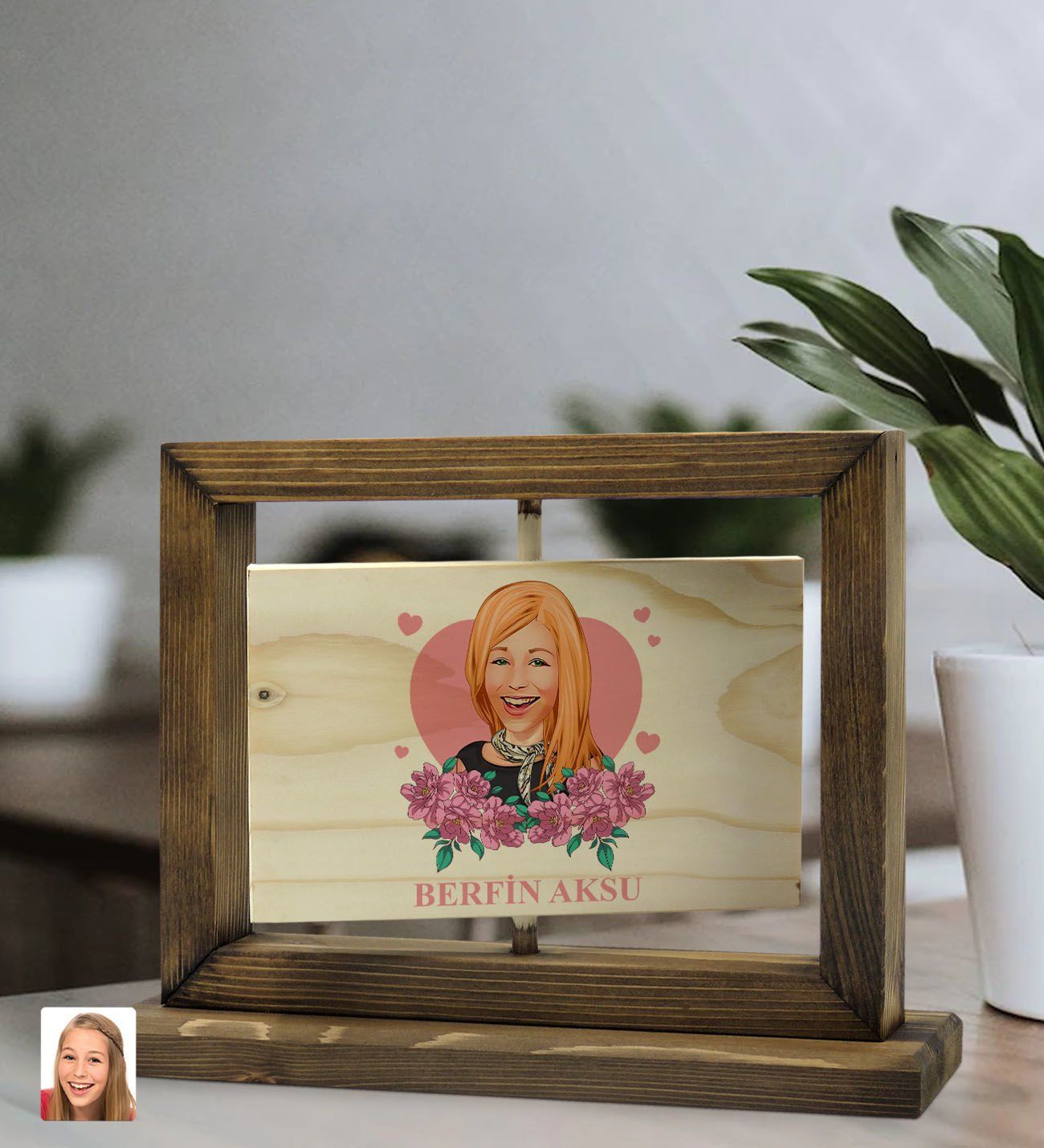 BK Gift Kişiye Özel Anneler Günü Karikatürlü Doğal Ahşap Dönen Fotoğraf Çerçevesi, Anneler Günü Hediyeleri, Ev Dekoru, Masaüstü Dekoru-2