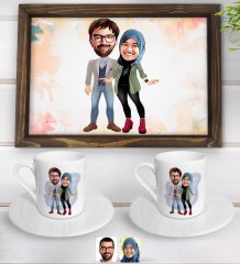 Kişiye Özel Sevgililer Karikatürlü Doğal Ahşap Tepsi ve 2’li Kahve Fincan Seti-60