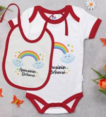 BK Kids Annesinin Bir Tanesi Tasarımlı Kırmızı Bebek Body Zıbın ve Mama Önlüğü Hediye Seti-1
