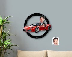 Kişiye Özel Plakalı Erkek Ferrari F12 Karikatürlü Ahşap Duvar Saati-1