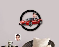 Kişiye Özel Plakalı Erkek Ferrari F12 Karikatürlü Ahşap Duvar Saati-1