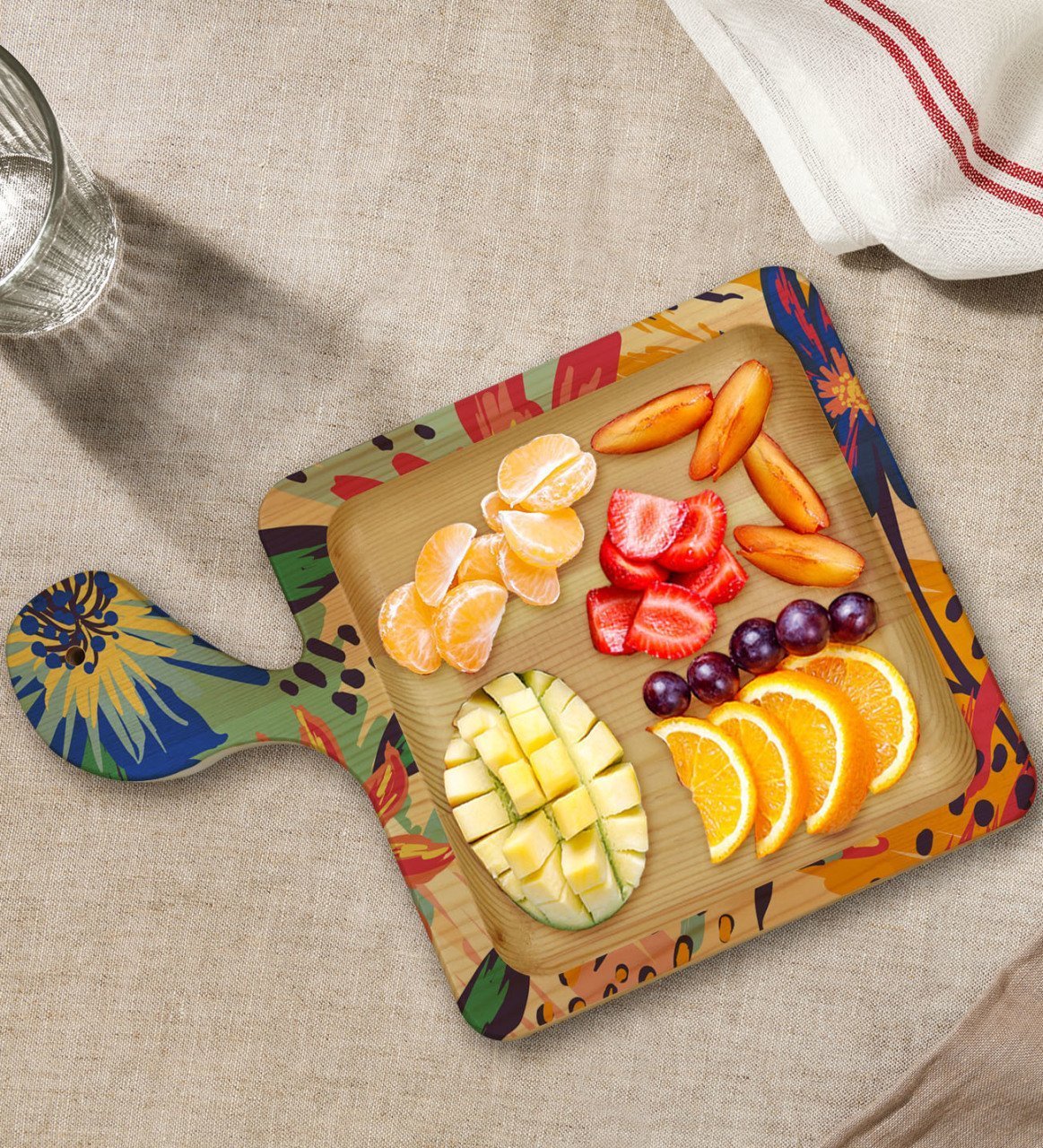 BK Gift Çiçekler Tasarımlı Kare Şeklinde Doğal Ahşap Servis ve Sunum Tabağı