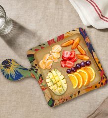 BK Gift Çiçekler Tasarımlı Kare Şeklinde Doğal Ahşap Servis ve Sunum Tabağı
