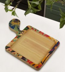 BK Gift Çiçekler Tasarımlı Kare Şeklinde Doğal Ahşap Servis ve Sunum Tabağı