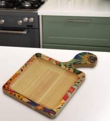 BK Gift Çiçekler Tasarımlı Kare Şeklinde Doğal Ahşap Servis ve Sunum Tabağı