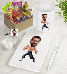 Kişiye Özel Bruce Lee Karikatürlü Nostaljik Lezzetler Defter Kalem Kupa Hediye Seti