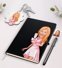 Kişiye Özel Bayan Karikatürlü Siyah Defter Kalem Ve Anahtarlık Hediye Seti-41