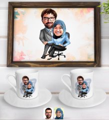 Kişiye Özel Sevgililer Karikatürlü Doğal Ahşap Tepsi ve 2’li Kahve Fincan Seti-59