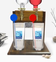Kişiye Özel Renkli Baskılı Bodrum Tasarımlı Turistik İkili Vodka Bardağı ve Çift Musluklu Doğal Ahşap Vodka Standı-1