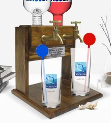 Kişiye Özel Renkli Baskılı Bodrum Tasarımlı Turistik İkili Vodka Bardağı ve Çift Musluklu Doğal Ahşap Vodka Standı-1