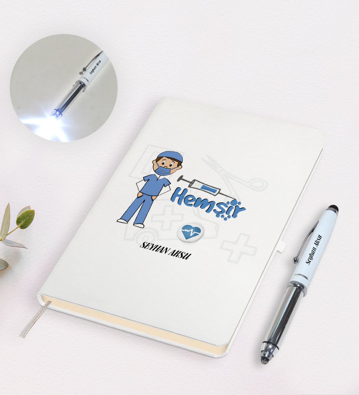 Kişiye Özel Hemşir Tasarımlı Defter ve Dokunmatik Işıklı Kalem Seti-1