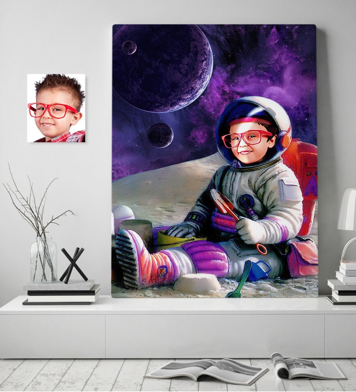 Kişiye Özel Astronot Erkek Çocuk Karikatürlü Kanvas Tablo 70x100cm-1