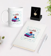 Kişiye Özel En İyi Sınıf Öğretmeni Beyaz Kupa Defter Kalem ve İsimli Papatya Kolye Hediye Seti-13