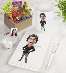 Kişiye Özel Bayan Pilot Karikatürlü Nostaljik Lezzetler Defter Kalem Kupa Hediye Seti