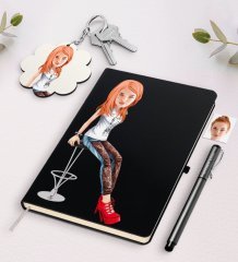 Kişiye Özel Bayan Karikatürlü Siyah Defter Kalem Ve Anahtarlık Hediye Seti-39