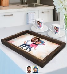 Kişiye Özel Sevgililer Karikatürlü Doğal Ahşap Tepsi ve 2’li Kahve Fincan Seti-58