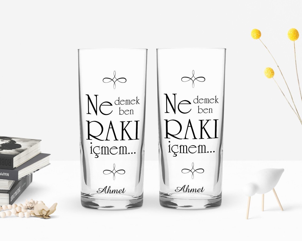 Kişiye Özel Renkli Baskılı Ne Demek Ben Rakı İçmem Tasarımlı İkili Rakı Bardağı Seti-1