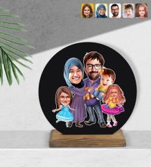 Kişiye Özel Aile Karikatürlü Yuvarlak Ahşap Biblo-9
