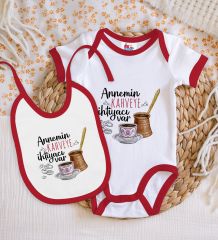 BK Kids Annemin Kahveye İhtiyacı Var Tasarımlı Kırmızı Bebek Body Zıbın ve Mama Önlüğü Hediye Seti-1