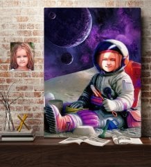 Kişiye Özel Astronot Kız Çocuk Karikatürlü Kanvas Tablo 50x70cm-1