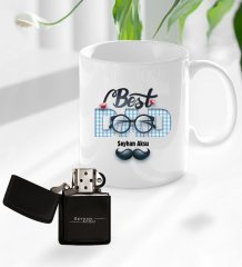 Kişiye Özel Babalar Günü Hediyesi Best Dad Tasarımlı Kupa Bardak ve Benzinli Çakmak Seti-1