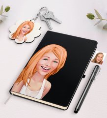 Kişiye Özel Bayan Karikatürlü Siyah Defter Kalem Ve Anahtarlık Hediye Seti-37