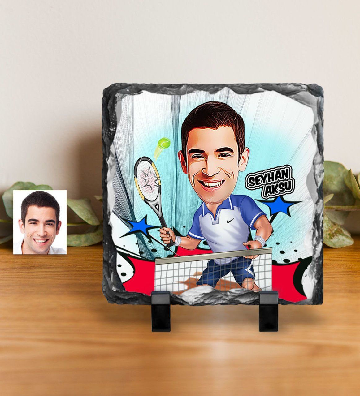 Kişiye Özel Bay Tenis Oyuncusu Karikatürlü Dekoratif Doğal Taş