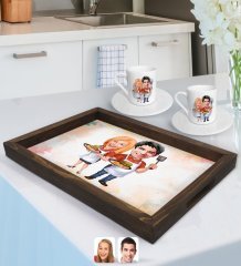 Kişiye Özel Sevgililer Karikatürlü Doğal Ahşap Tepsi ve 2’li Kahve Fincan Seti-57