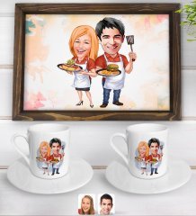 Kişiye Özel Sevgililer Karikatürlü Doğal Ahşap Tepsi ve 2’li Kahve Fincan Seti-57